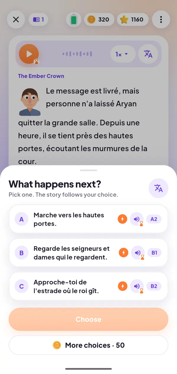 Choosing what happens next: three French choices marked A2, B1 and B2
