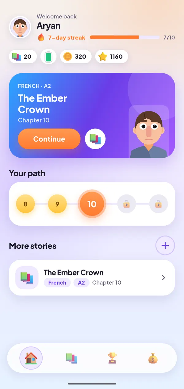 TaleSelf home screen: a 7-day streak and the next chapter of The Ember Crown in French A2
