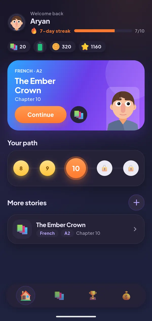 TaleSelf home screen in dark mode