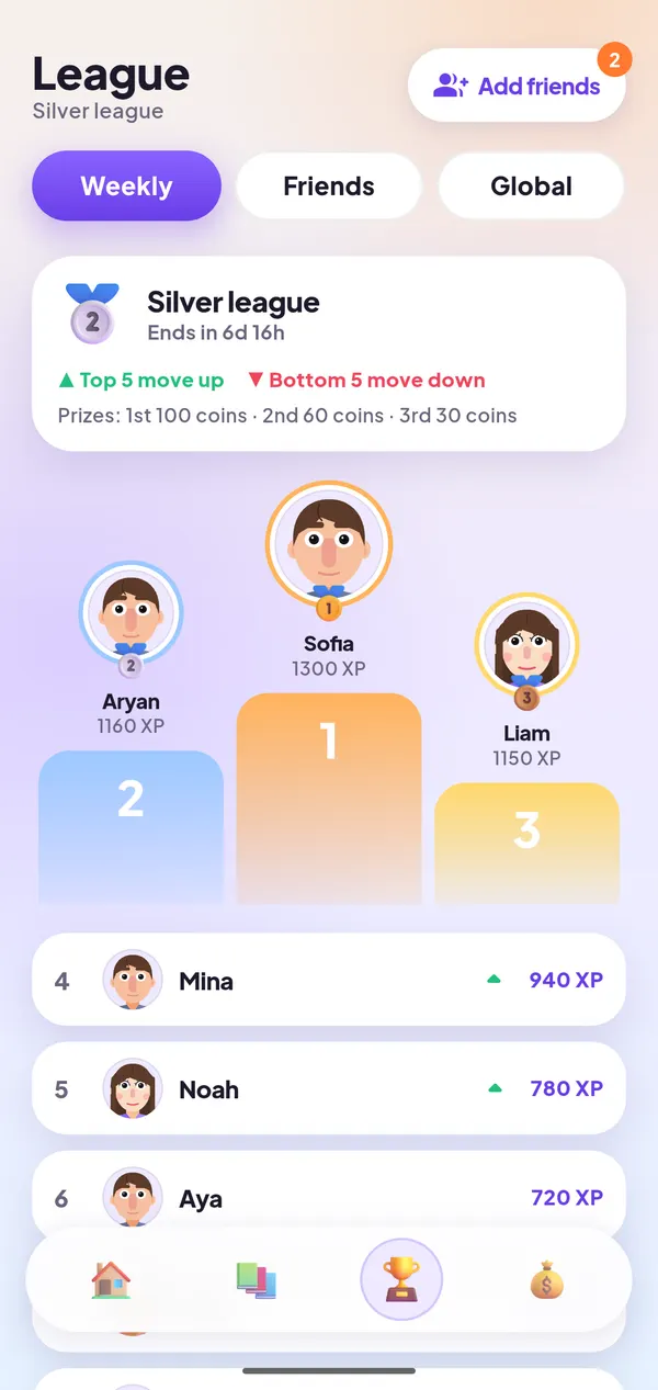 TaleSelf weekly leagues screen